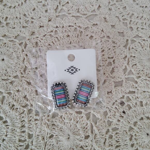 Western Rectangle Burnished Silver Stud Earrings Colorful Stripe - Picture 9 of 9